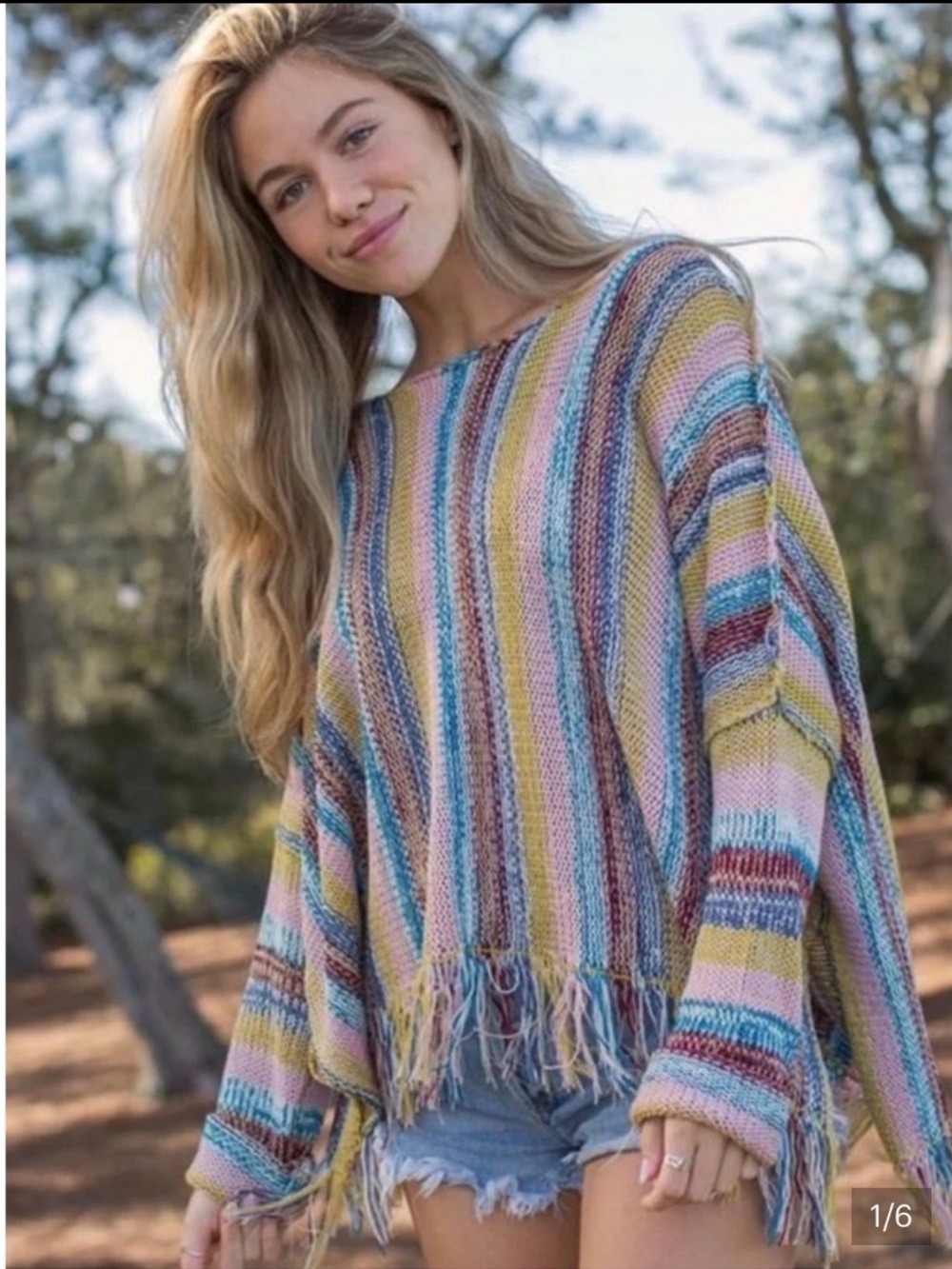 Natural Life Multicolor Striped Knit Poncho - Pastel Stripe
